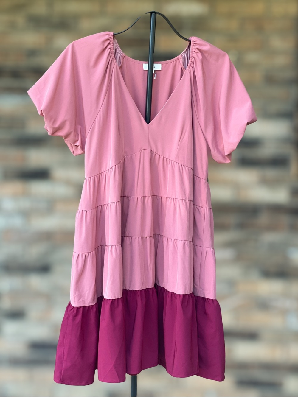 Entro Large Pink Colorblock Tiered Midi Dress V Neck Short Sleeve Lined